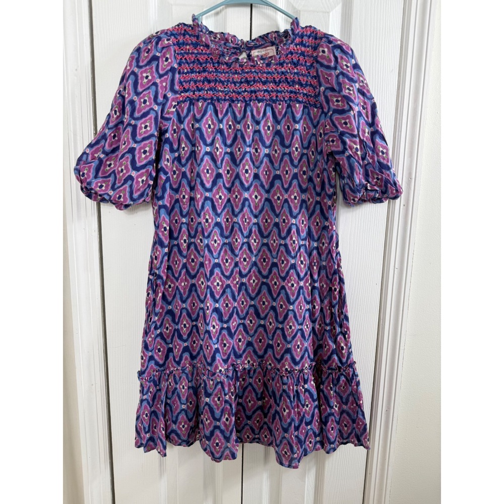Banjanan Smocked Mini Dress S Purple Boho Geometric Puff Sleeve Cottagecore